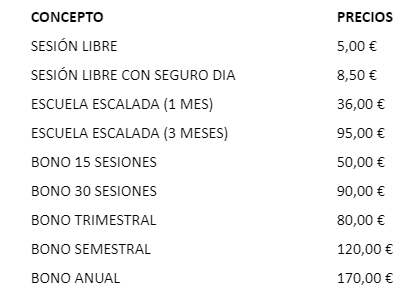 Tabla de precios actualizada. Escalar Rocódromo Cagigal
